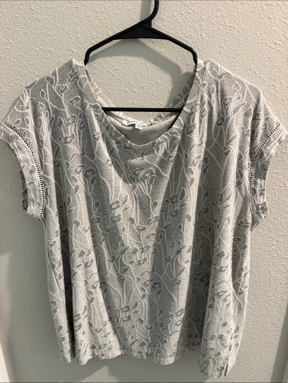 Gray Floral-Textured Short Sleeve Top